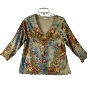 DB Sport Medium Floral Bohemian Long Sleeve V-Neck Top velour Casual Hippie Cute
